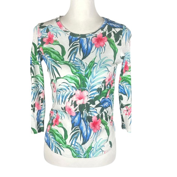 Tommy Bahama Tops - Tommy Bahama Ashby Isles Top Women S‎ White Tropical Hibiscus 3/4 Sleeve Cotton